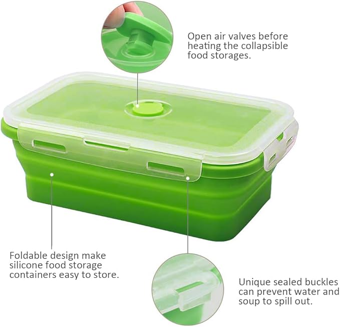 Alimat PluS 40.5oz Collapsible Food Storage Containers with Lids, 3 Pack Set 1200ml Silicone Food Storage Containers, Green Collapsible Food Storage for Kitchen and Outdoor Activities
