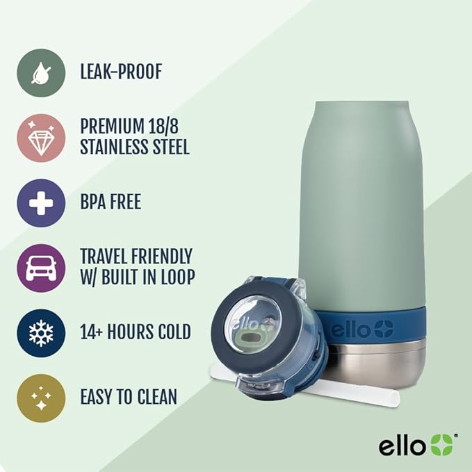 Ello Emma 14oz Vacuum Insulated Stainless Steel Kids Water Bottle with Straw and Built-in Carrying Handle and Leak-Proof Locking Lid for School Backpack, Lunchbox and Outdoor Sports