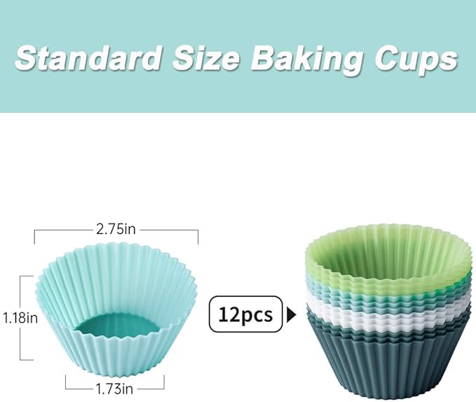 Silicone Muffin Baking Cups 12 Pack Reusable Cupcake Liners Non-stick Cake Molds, BPA Free, Dishwasher Safe