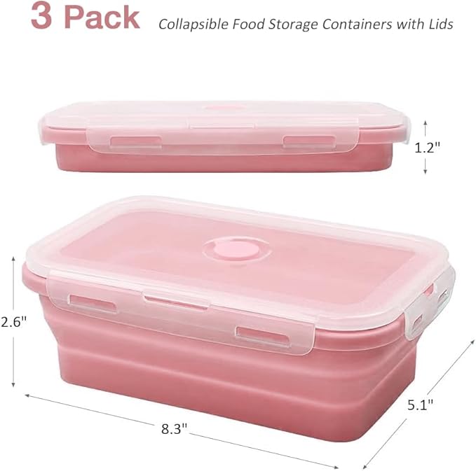 Alimat PluS 40.5oz Silicone Food Storage Containers, 3 Pack Set 1200ml Collapsible Food Storage Containers with Lids(Pink)