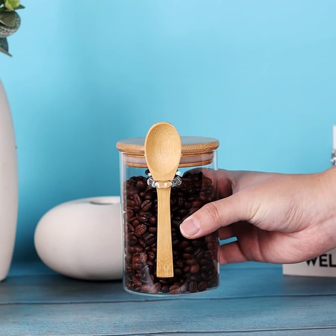 Glass Jar with Bamboo Lid and Spoon, 3 Pack 16 OZ Tea Containers for Loose Leaf Tea, Salt and Sugar Containers for Countertop, Yogurt Jars for Overnight Oatmeal