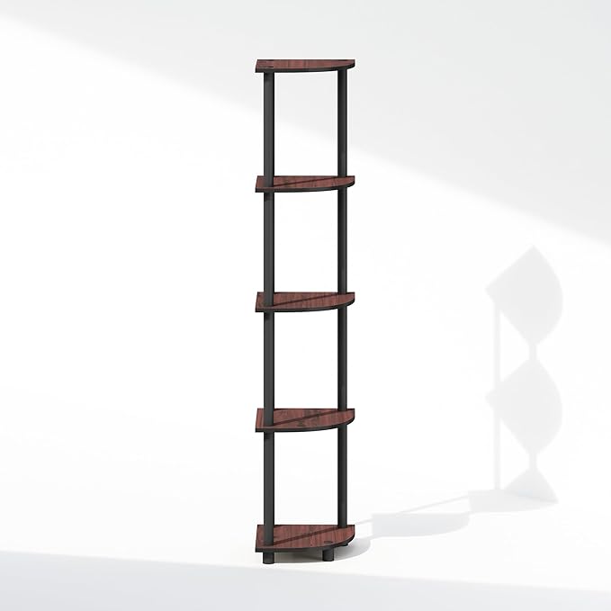 Furinno Turn-N-Tube Corner Shelf, 5-Tier Corner Bookshelf, Open Storage Shelves, for Organization and Storage, Living Room, Home Office, Garage, Bedroom, Dark Cherry