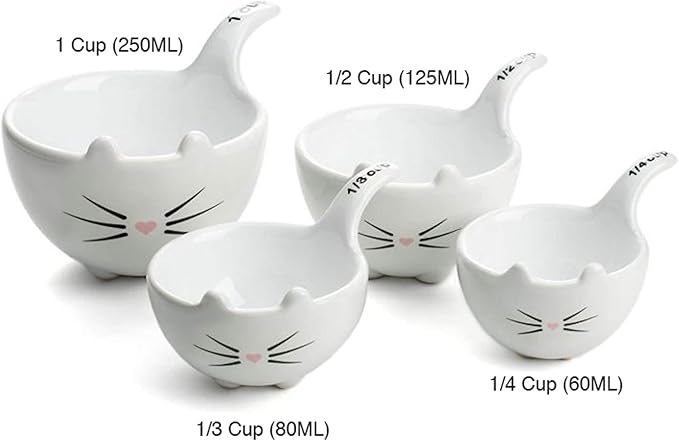 White Ceramic Cat Measuring Cups: Set of Cat Shaped Bowls - 1 Cup, 1/2 Cup, 1/3 Cup and 1/4 Cup
