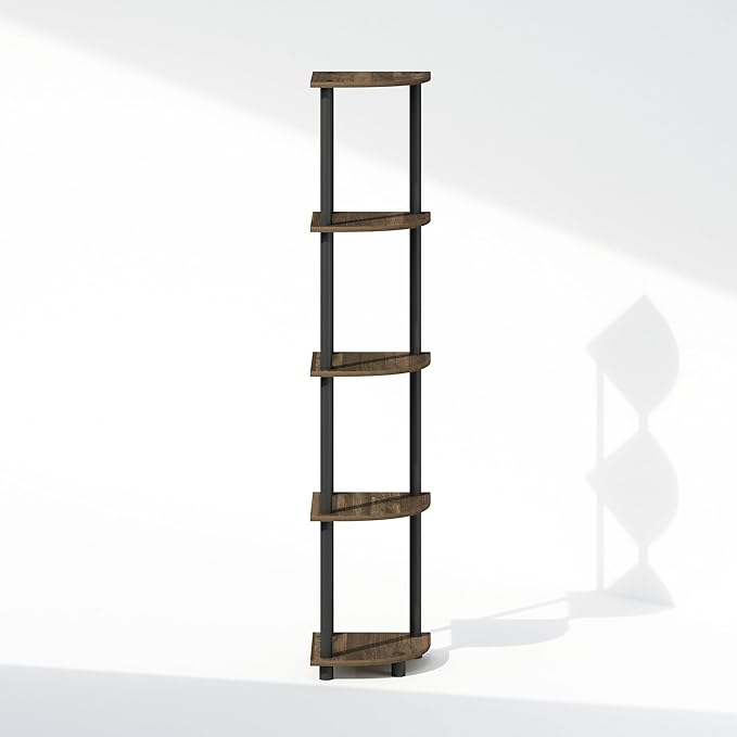 Furinno Turn-N-Tube Corner Shelf, 5-Tier Corner Display Rack, Shelving Unit, for Organization and Storage, Living Room, Home Office, Garage, Bedroom, Columbia Walnut