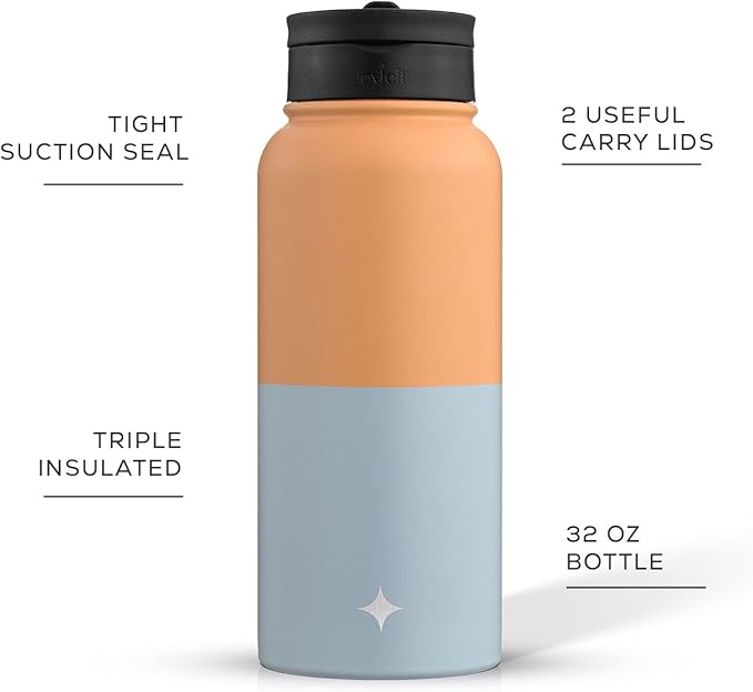 JoyJolt Triple Insulated Water Bottle with Straw Lid AND Flip Lid! 32oz Large Water Bottle, 12 Hour Hot/Cold Vacuum Insulated Stainless Steel Bottle. BPA-Free Leakproof Water Bottles - Thermos Bottle