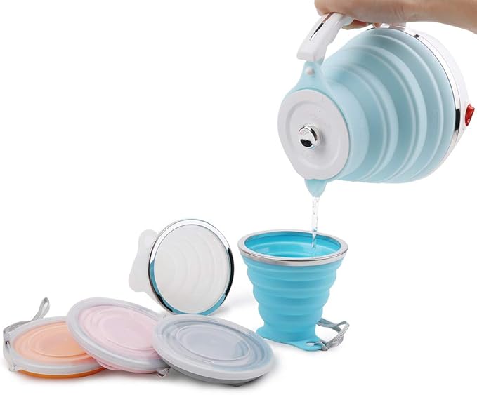 Upgrade Travel Kettle, ShineMe Food Grade Silicone Dual Voltage 110-220V Ultrathin Portable Electric Water Kettle with Cup, Universal Adaptor and Detachable Power Cord, 555ML (White)