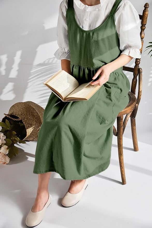 Uaussi Cotton Linen Apron Cross Back Work Apron for Women with Pockets Pinafore Dress X Cross Halter Apron for Chef Gardening