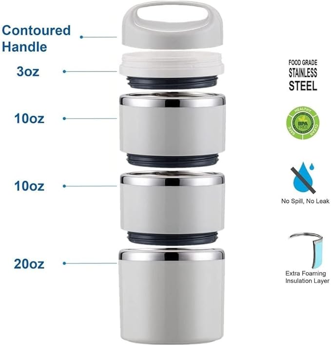 Lille Home Stackable Stainless Steel Thermal Compartment Lunch/Snack Box, 3-Tier Insulated Bento/Food Container with Lunch Bag, Utensils Set and Three Extra Seals, 43OZ (Gray)
