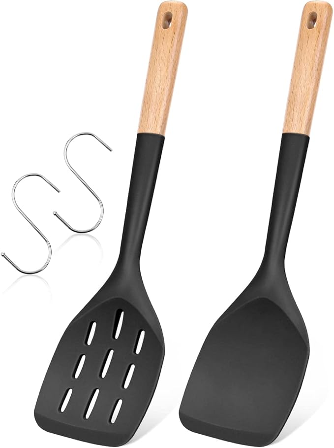 Pack of 2 Silicone Spatula, Non Stick Cooking Utensil Set Wooden Handle Kitchen Turner for Baking Mixing Grilling Serving Food Heat Resistant Non Scratch Hooks Included (Black)