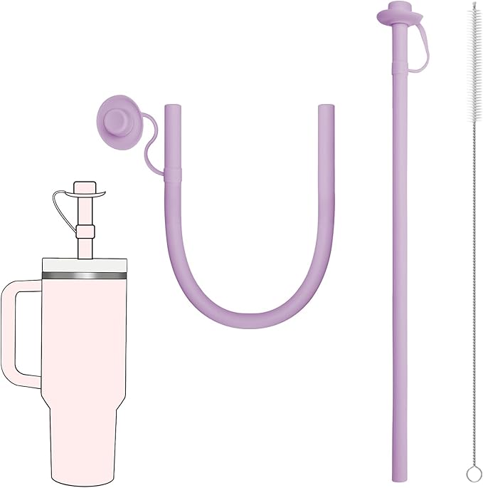 2PCS Reusable Silicone Straws with Cover, Bite-Safe, 12”Long Collapsible Drinking Straws for Stanley Owala Cups, Tumblers & Travel – Trim to Fit Any Cup (Purple)