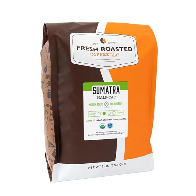 Fresh Roasted Coffee, Organic Sumatra Water-Processed Half-Caf | 100% Single Origin, USDA Organic, Kosher | Medium Roast 5 lb (80 oz) Whole Bean