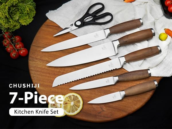 Knife Block Set（Walnut handle）, 7-Piece Black Kitchen Knife Set for Home, Anti-Rust Non-stick Stainless Steel Sharp Chef Knife Set with Universal Knife Block for Kitchen, Ergonomical Design (Black)