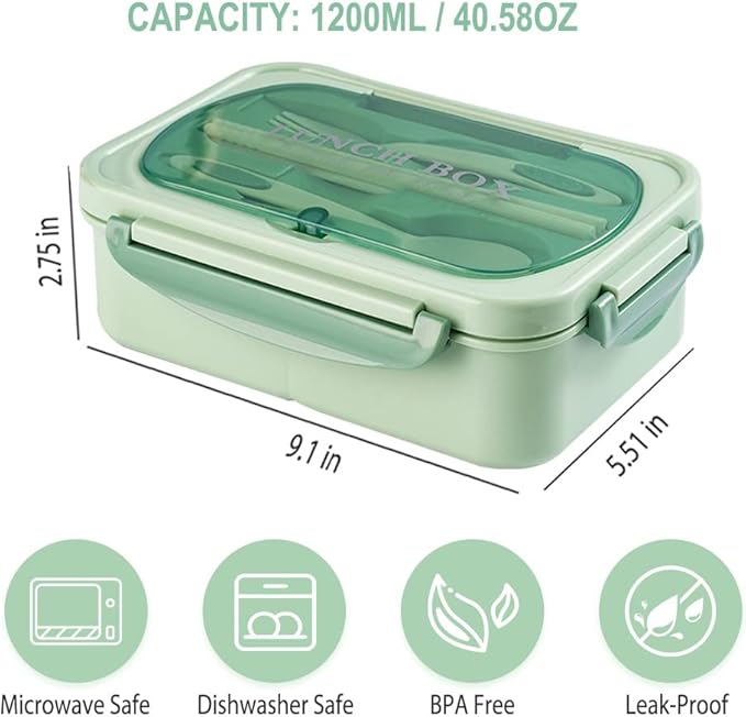 NatraProw Bento Box for Adult, 1200 ML Lunch Containers for Adults, LeakProof Lunch Box with Utensils, BPA Free, 3 Compartment Bento Box Microwave Safe, Green