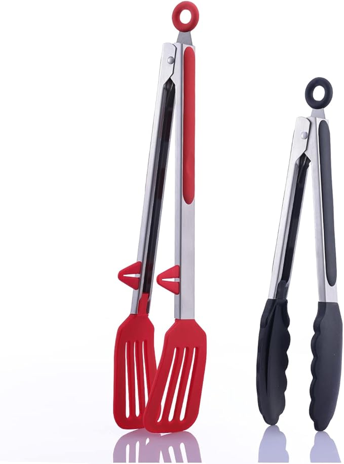 Silicone Tip Kitchen Tongs - 9 & 12 Inch with Locking Handle, Heat Resistant Stainless Steel for Grilling, Serving, BBQ, Non-Stick Pans (Black & Red)