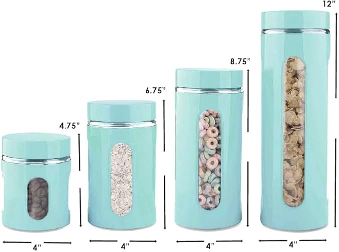 Kitchen Canisters Set For Countertop By Home Basics | Retro-Styled Canisters For Kitchen Counter | Stainless Steel and Glass, See-Through Windows (Turquoise), 4 Pieces