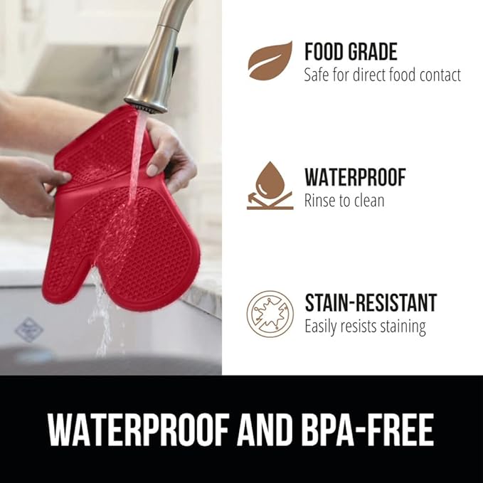 GORILLA GRIP BPA-Free Soft Silicone Oven Mitts and Pot Holders Sets of 4, Heat Resistant Waterproof Cooking Gloves, Thick Cotton Lining, Flexible Gripping for Baking Grilling, Kitchen Trivets, Red