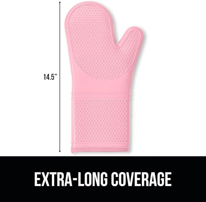 GORILLA GRIP BPA-Free Soft Silicone Oven Mitts, 14.5x8.3, Heat Resistant and Waterproof Cooking Gloves, Thick Cotton Lining, Flexible Gripping for Baking Grilling, Kitchen Potholders Set of 2, Pink