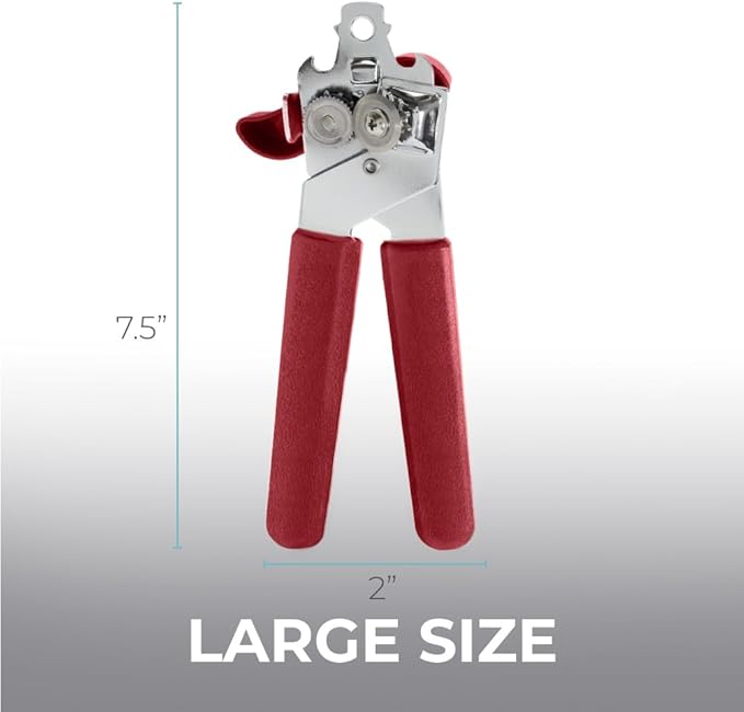 Kitchen Genie Slip Resistant Stainless Steel Manual Can Opener, Sharp Blade for Smooth Edge Cuts, Easily Open Cans, Ergonomic Handles with Easy to Turn Knob, Built-In Bottle Openers, Cherry Red