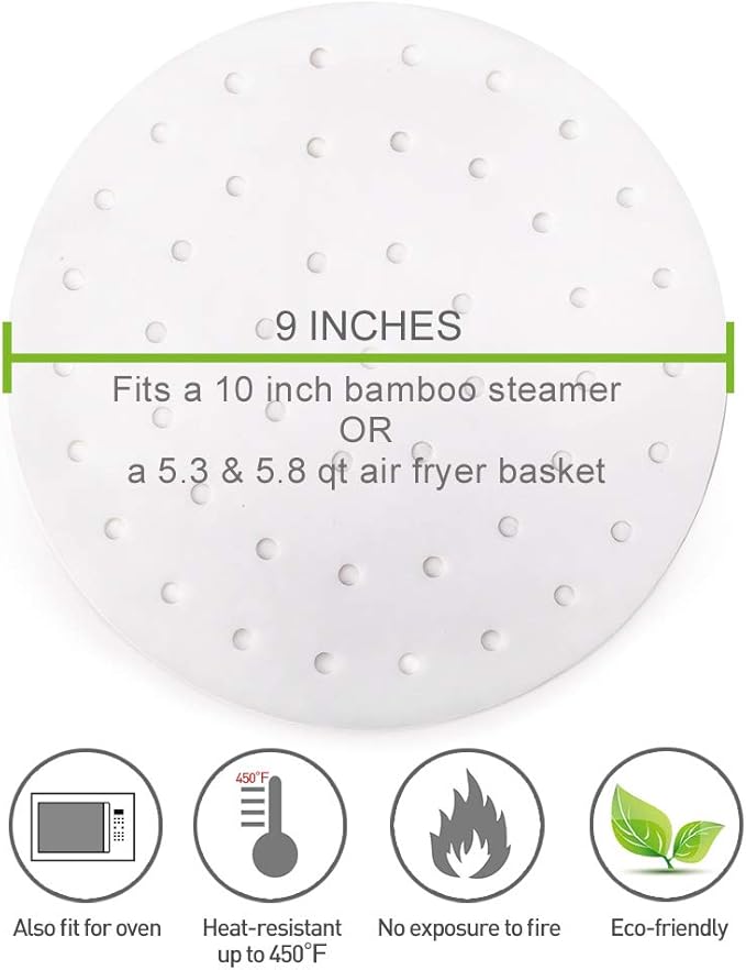 100pcs Air Fryer Liners, Vancens 9 inch Bamboo Steamer Liners, Premium Perforated Parchment Paper Sheets, Non-stick Basket Mat, Perfect for 5.3 & 5.8 QT Air Fryers/Steaming/Baking/Cooking