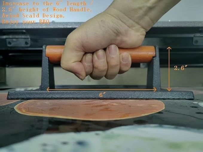 Firsgrill 8.3"×4.3" Heavy-Duty Cast Iron Grill Press and Steak Weight with Cool-Touch Comfort-Grip Wood Handle - BBQ Accessories for Griddle, Outdoor Grill, Panini, Tortilla (2 Rectangle)