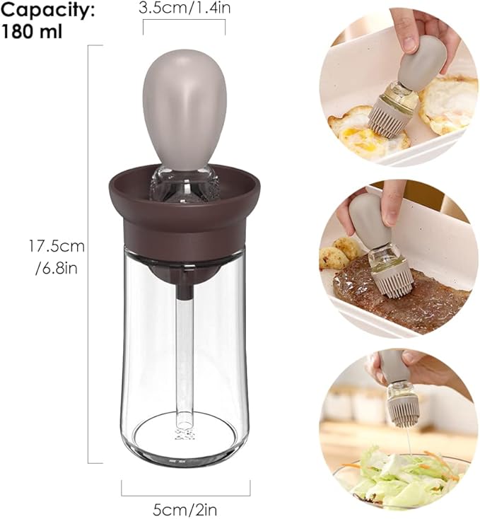 Oil Dispenser with Brush - 2 Pack 180ml Glass Olive Oil Dispenser Bottle with Basting Brush for Cooking Frying Baking Kitchen, T-OB21 Grey
