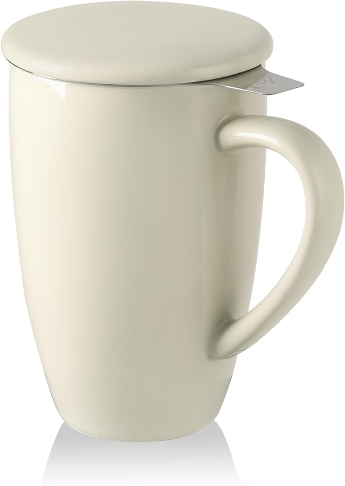 Sweejar Porcelain Tea Mug with Infuser and Lid,Teaware with Filter, Loose Leaf Tea Cup Steeper Maker, 16 Fl Oz for Tea/Coffee/Milk/Women/Office/Home/Gift (Beige)