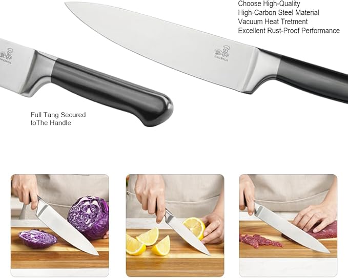 CHUSHIJI knife set with block and Sharpener, 15-Piece Premium Knife Block Set,Anti-slip Handle,Kitchen knife set with Built-in Sharpener,Gift Box Included, Grey