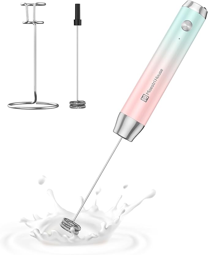 Maestri House Rechargeable Milk Frother with Stand, LunaFro Handheld Electric Foam Maker Waterproof Detachable Stainless Steel Whisk Drink Mixer Foamer for Lattes, Cappuccino