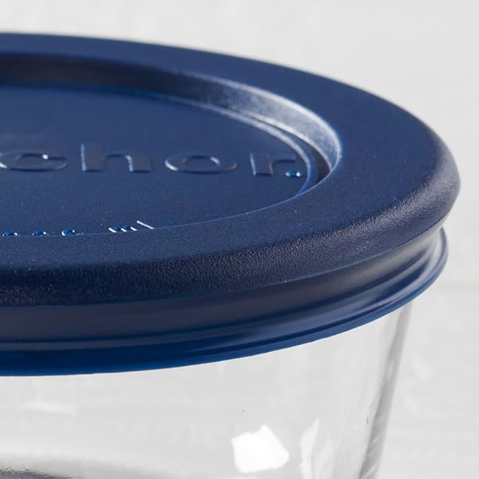 Anchor Hocking 2 Cup Glass Storage Containers with Lids, Set of 4 Glass Food Storage Containers with Navy SnugFit Lids