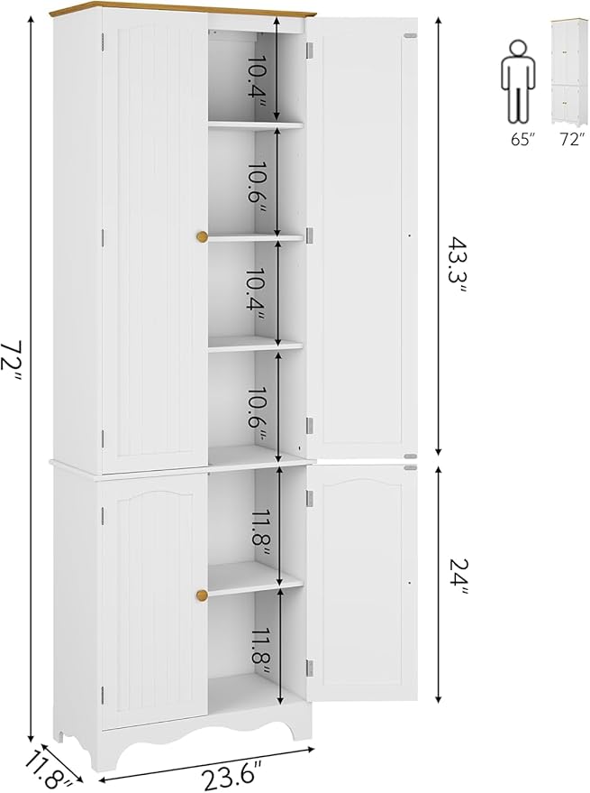 Yusong 72'' Tall Kitchen Pantry Cabinet, Freestanding Storage Cabinet with Doors and Shelves, Wooden Food Pantry Farmhouse Cupboard Buffet for Kitchen Dining Living Room, White