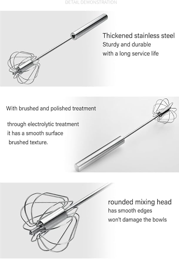 Stainless Steel Semi-Automatic Whisk, Hand Push Rotary Whisk Blender, Versatile Milk Frother for Blending, Whisking, Stirring (12 Inch)