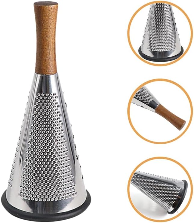 Ciieeo Stainless Steel Vegetable Grater with Wooden Handle - 3-Sided Cone Cheese and Fruit Shredder for Kitchen Use