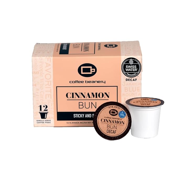 Coffee Beanery Cinnamon Bun Decaf Pods | 12ct Flavored Medium Roast | 100% Specialty Arabica | Gourmet