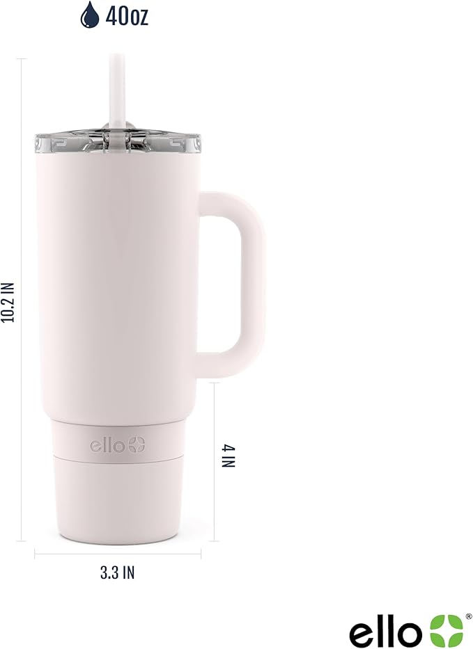 Ello Port 40oz Tumbler with Carry Loop & Integrated Handle, Vacuum Insulated Stainless Steel Reusable Water Bottle, Travel Mug with Leak Proof Lid & Straw, Perfect for Iced Coffee & Tea, Cream