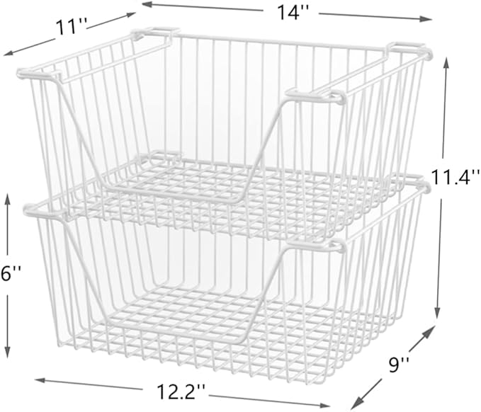 Slideep 14'' Large Stackable Storage Baskets Cabinet Organizer Sturdy Metal Wire Pantry Freezer Bin for Pantry Home Bathroom Kitchen Organization White - 4 Pack