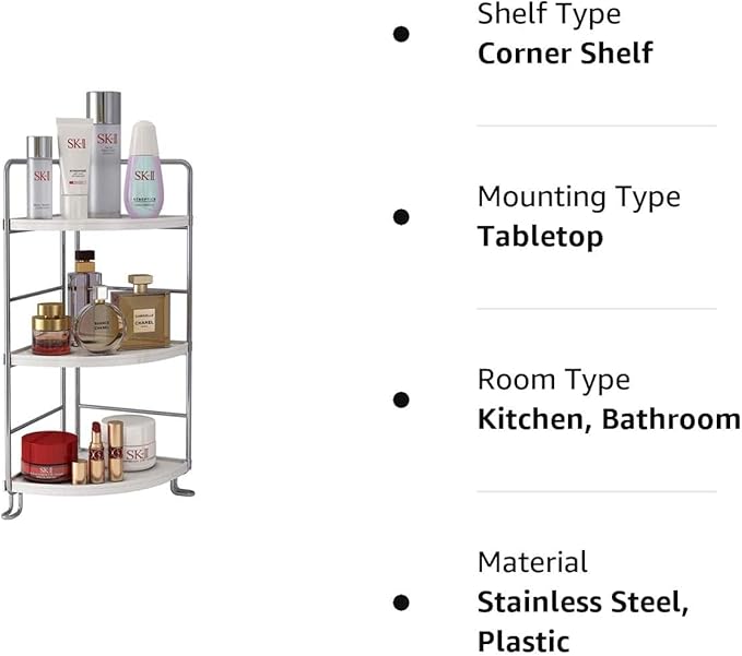 3-Tier Corner Spice Rack Kitchen Bathroom Countertop Organizer Vanity Tray Cosmetic Makeup Storage Standing Shelf, White