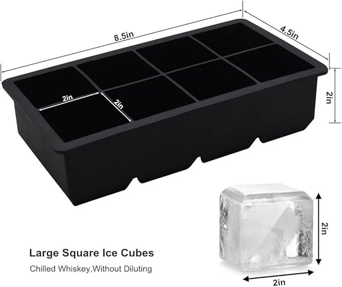 Bangp Large Ice Cube Tray for Whiskey,2 Pack Stackable Big Ice Cube Molds Make 16 Big Whiskey Ice Cubes,Easy Release Square Ice Cube Maker for Cocktails,Whiskey,Soups and Frozen Treats