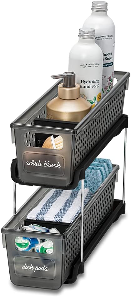 madesmart Premium Antimicrobial 2-Tier Mini Organizer Multi-Purpose Slide-Out Storage with Handles and Dividers for Home and Bath, Pack of 1, Carbon