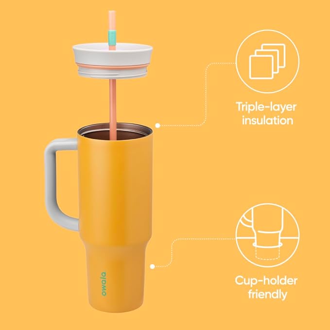 Owala Stainless Steel Triple Layer Insulated Travel Tumbler with Spill Resistant Lid, Straw, and Carry Handle, BPA Free, 40 oz, Orange (Tropical)
