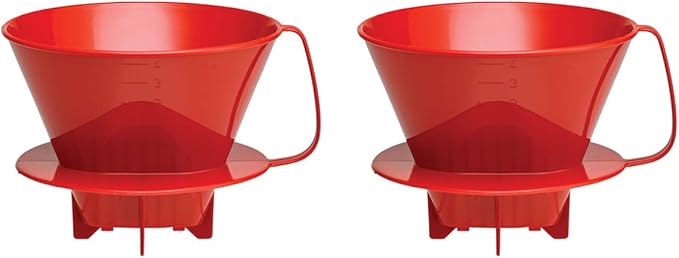 Fino Pour-Over Coffee Brewing Filter Cone, Number 4-Size, Red, Brews 8 to 12-Cups, Set of 2