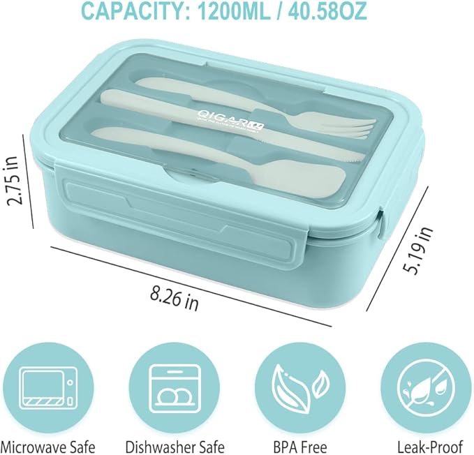 NatraProw Bento Box for Adult, 1400 ML Lunch Containers for Adults, LeakProof Lunch Box with Utensils, BPA Free, 3 Compartment Bento Box Microwave Safe, Light Blue