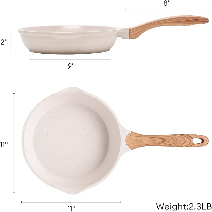 JEETEE 11 Inch Nonstick Frying Pan, Stone Coating Cookware, Nonstick Omelette Pan with Heat-Resistant Handle, Compatible with All Stoves (Beige)