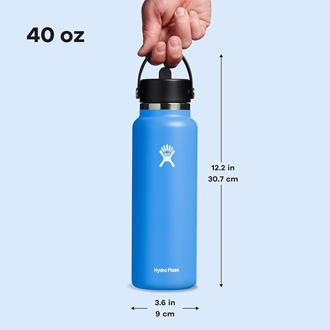 Hydro Flask Water Bottle - Insulated Stainless Steel - Wide Straw Lid, Non Spill, Leakproof in 40 Oz Cascade Blue