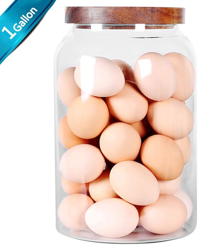 SAIOOL Egg Jar,kitchen canister， 1 Gallon Large Glass Food Storage Jars with Airtight Lid, Clear