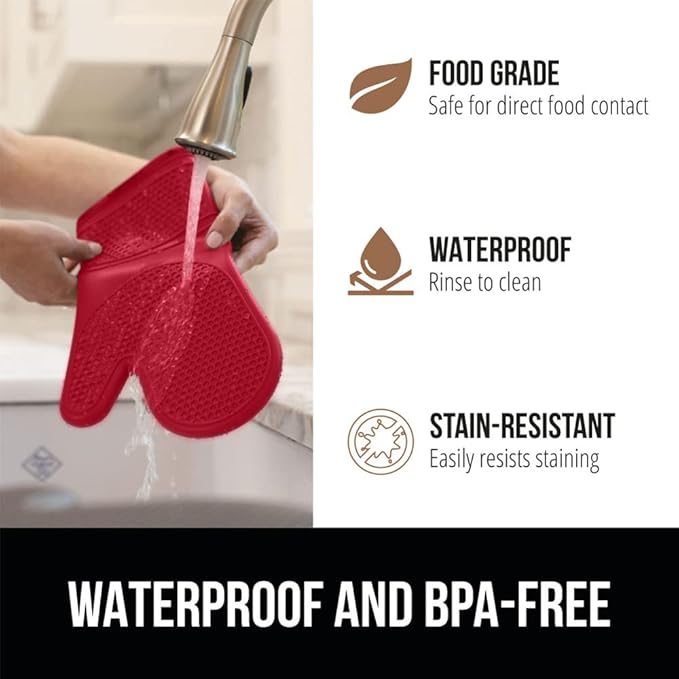 GORILLA GRIP BPA-Free Soft Silicone Oven Mitts, Heat Resistant and Waterproof Cooking Gloves, Thick Cotton Lining, Flexible Gripping Kitchen Potholders Set of 2, Christmas Kitchen Decor, 12.5x8.3, Red