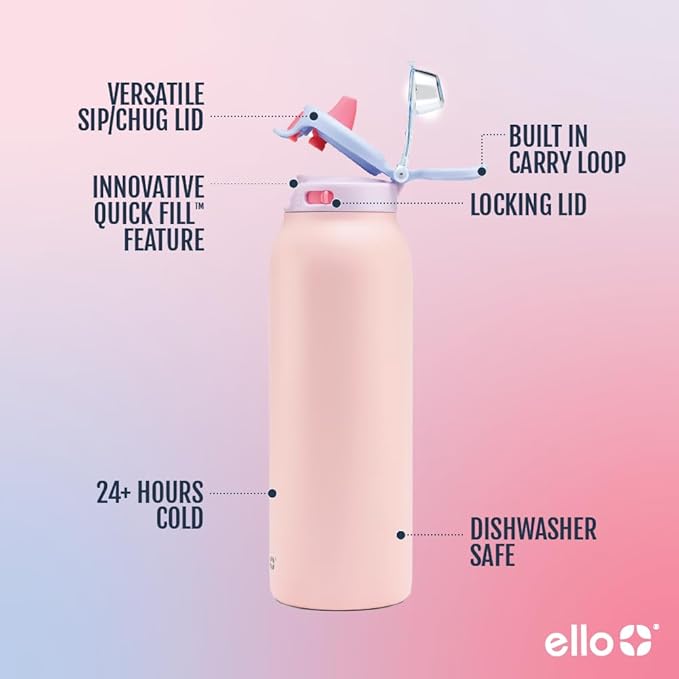 Ello Pop & Fill Stainless Steel Water Bottle with Quick Fill Technology, Double Walled Vacuum Insulated Metal, Leak Proof Locking Lid, Sip & Chug, BPA Free, Holiday Gift for Him Her, 22oz, 32oz, 40oz