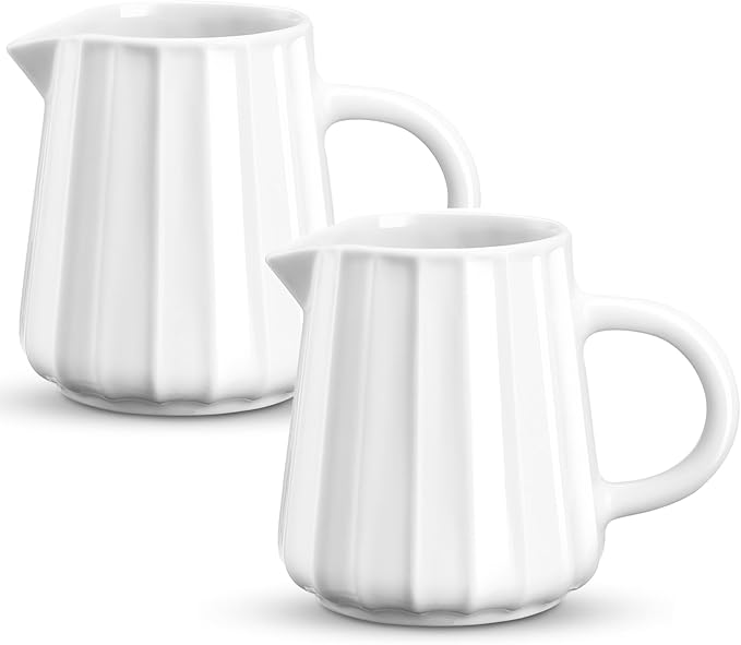 Gurygo Wave Shaped 2 Pack 5 Oz Classic White Creamer with Handle - Small Ceramic Creamer Pitcher Set - Fine Porcelain Small Milk Pitcher for Coffee Milk Sauces Salad, Microwave Safe