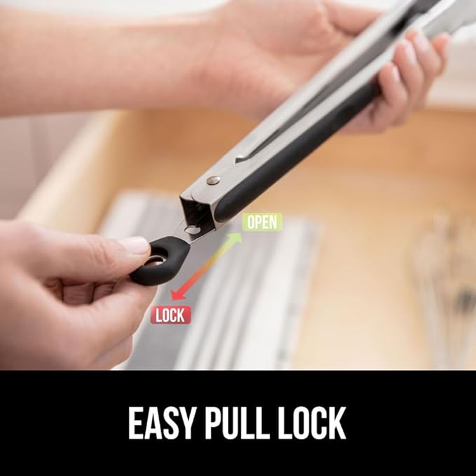 GORILLA GRIP Stainless Steel Heat Resistant Kitchen Tongs for Cooking, 7 + 9 + 12 Inch Set of 3 BBQ Tong, Non Scratch Silicone Tip for Pans, Strong Grip, Grab Food, Pull Lock, Black Mint Red