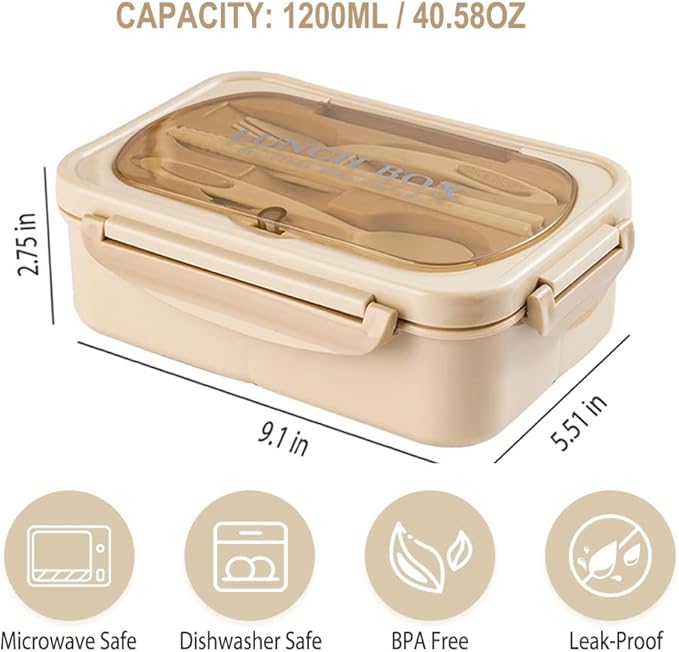 NatraProw Bento Box for Adult, 1200 ML Lunch Containers, LeakProof Lunch Box with Utensils, BPA Free, 3 Compartment Bento Box Microwave Safe, Khaki