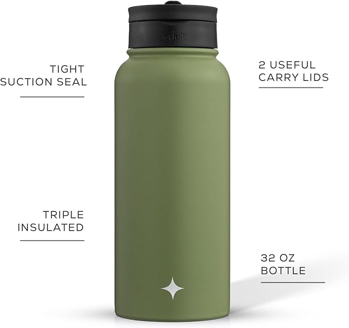 JoyJolt Triple Insulated Water Bottle with Straw Lid AND Flip Lid! 32oz Large 12 Hour Hot/Cold Vacuum Insulated Stainless Steel Bottle. BPA-Free Leakproof Thermos Bottle